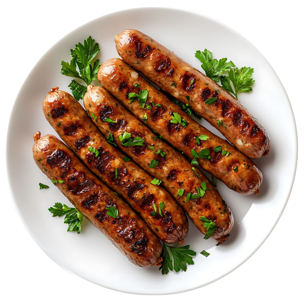 A clean white plate with grilled sausages and fresh parsley placed neatly, isolated on transparent background png