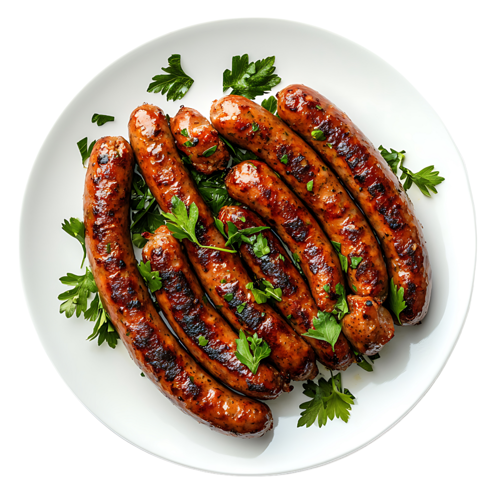 A neat white plate with grilled sausages and fresh parsley, isolated on transparent background png