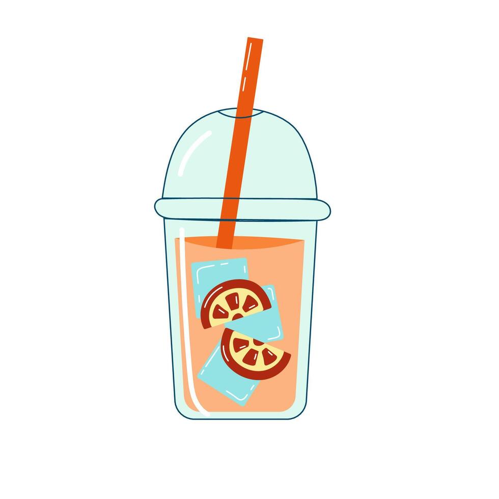 Pink lemonade in a transparent cup with a dome lid and straw with ice vector