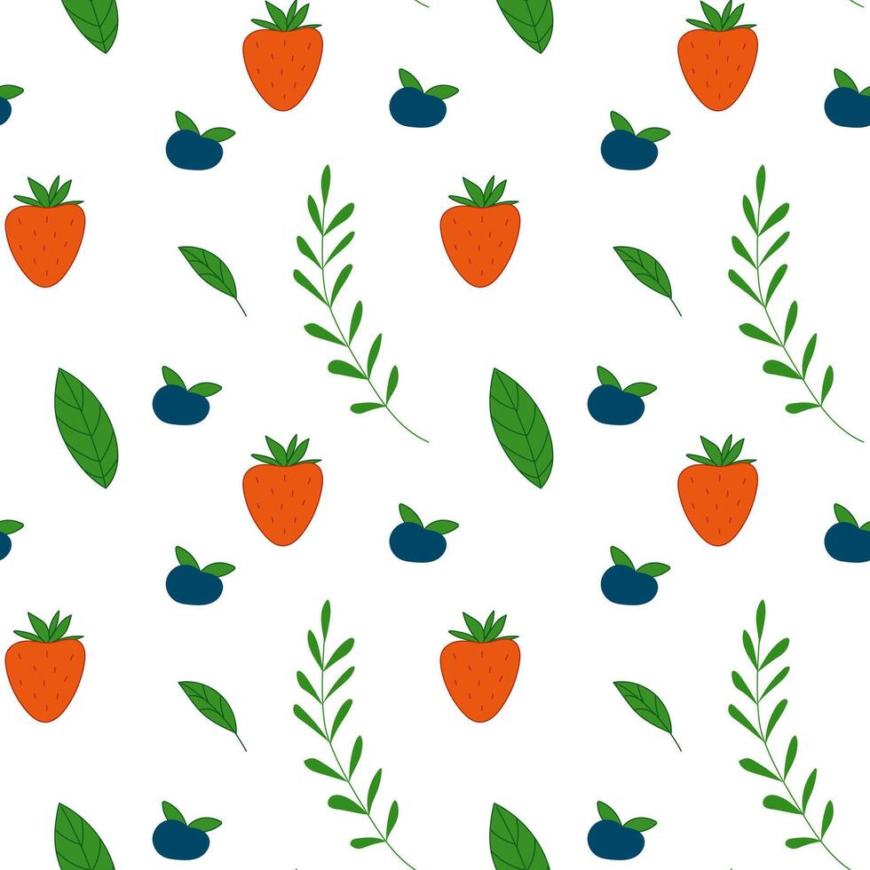 Seamless Summer Pattern with Strawberries, Blueberries, and Green Leaves, Fresh Fruit and Nature Design for Textile, Wrapping Paper, and Seasonal Decor vector
