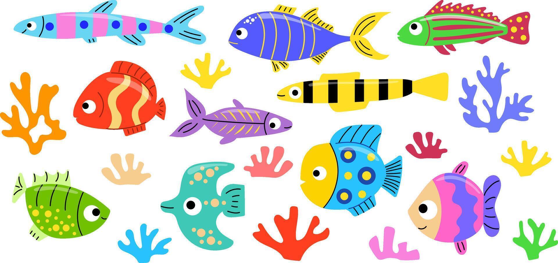 Tropical fish set. Cartoon fish. Exotic fish and coral vector