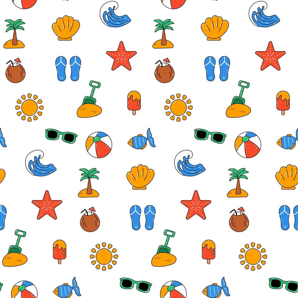 Seamless Summer Pattern with Coconut, Palm Tree, Seashell, Wave, Sunglasses, Beach Ball, Sun and Ice Cream, Fun Tropical Elements for Vacation, Beach Party and Summer Lifestyle Designs vector
