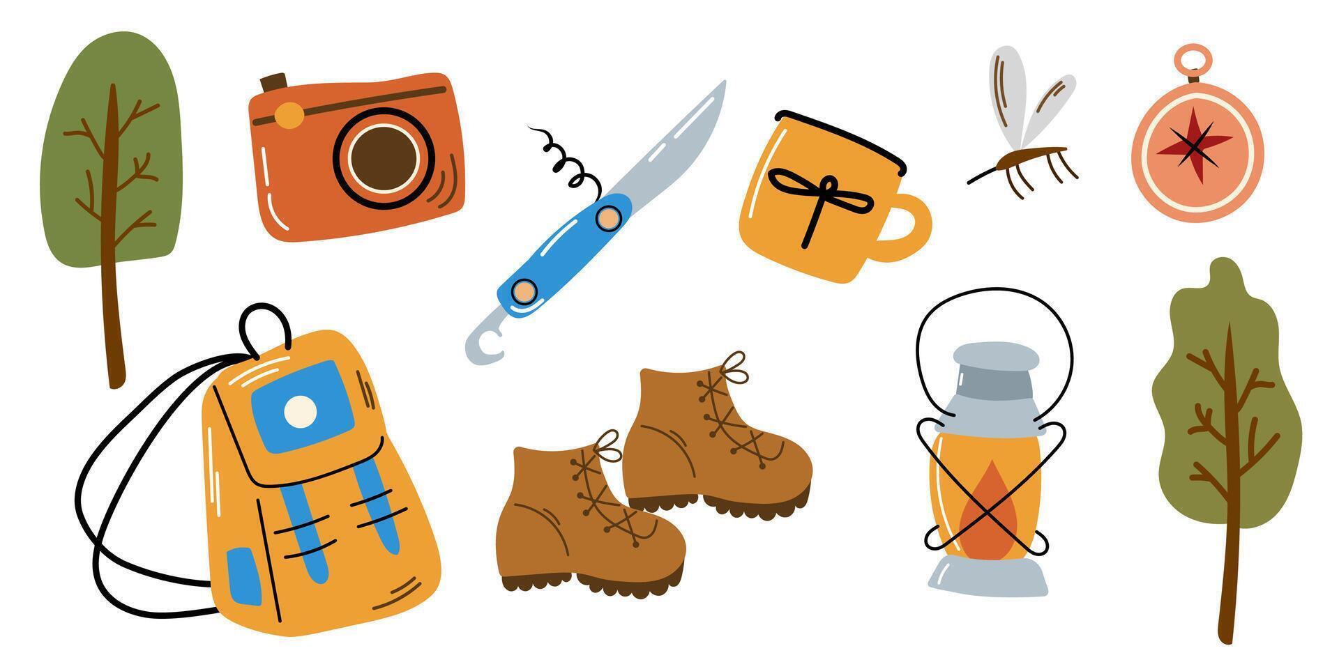 Camping and Campfire Set with Camera, Tree, Multitool Knife, Mug, Mosquito, Compass, Backpack, Lamp, Hiking Boots, and Outdoor Essentials for Wilderness Adventures vector