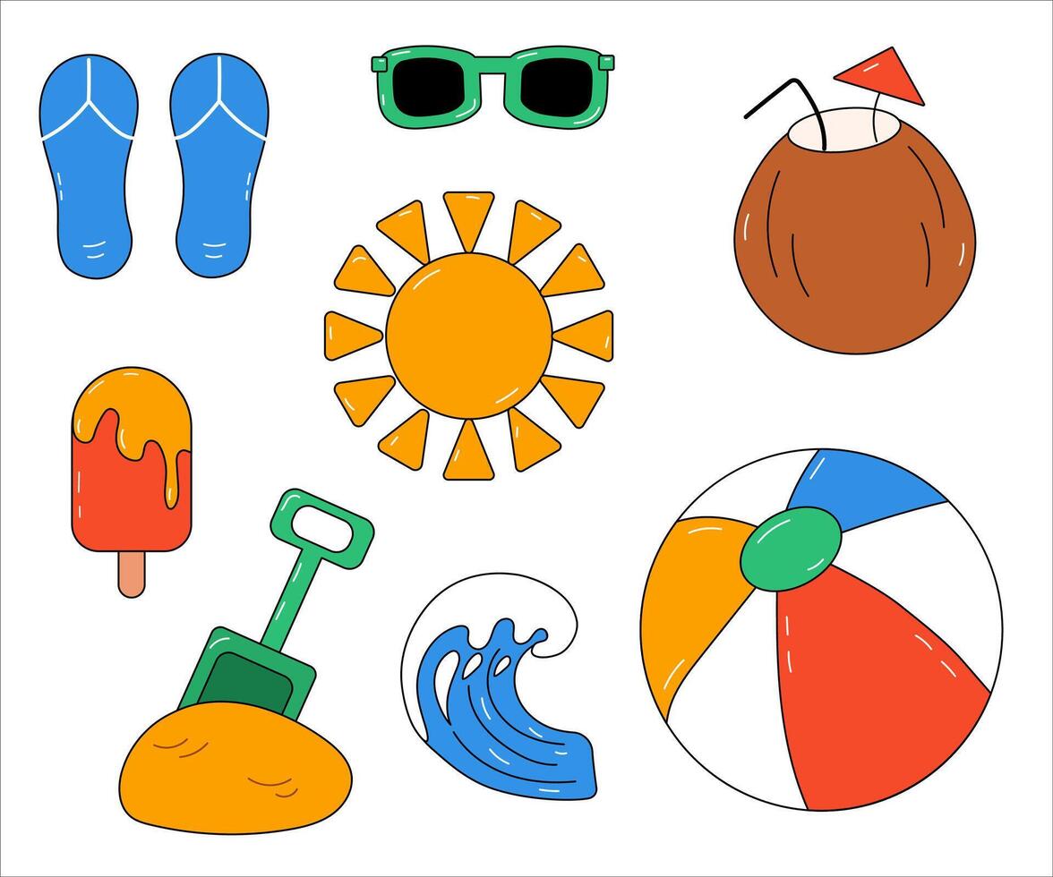 Summer elements with sun, sand, wave, sunglasses and coconut vector