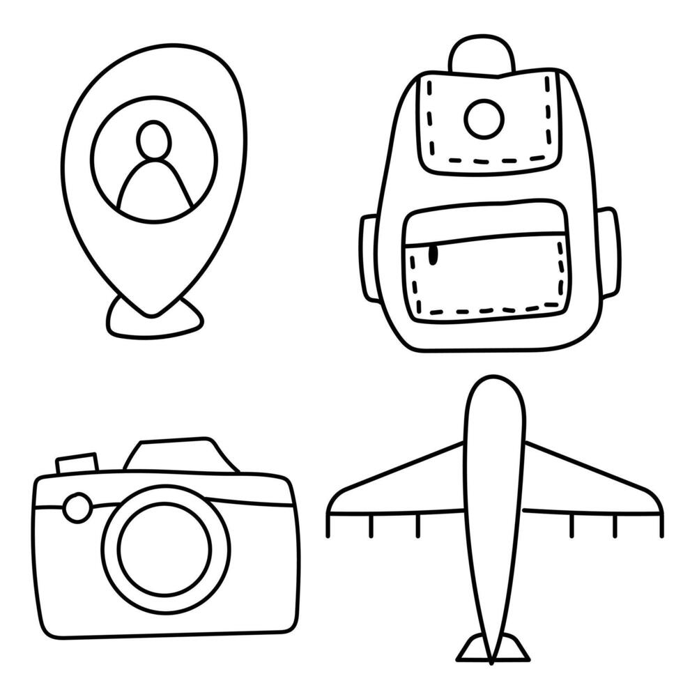 Set of Travel Doodle Icons with Location Pin, Backpack, Photo Camera and Airplane, Hand Drawn Elements for Adventure, Vacation, Tourism and Trip Planner Design vector