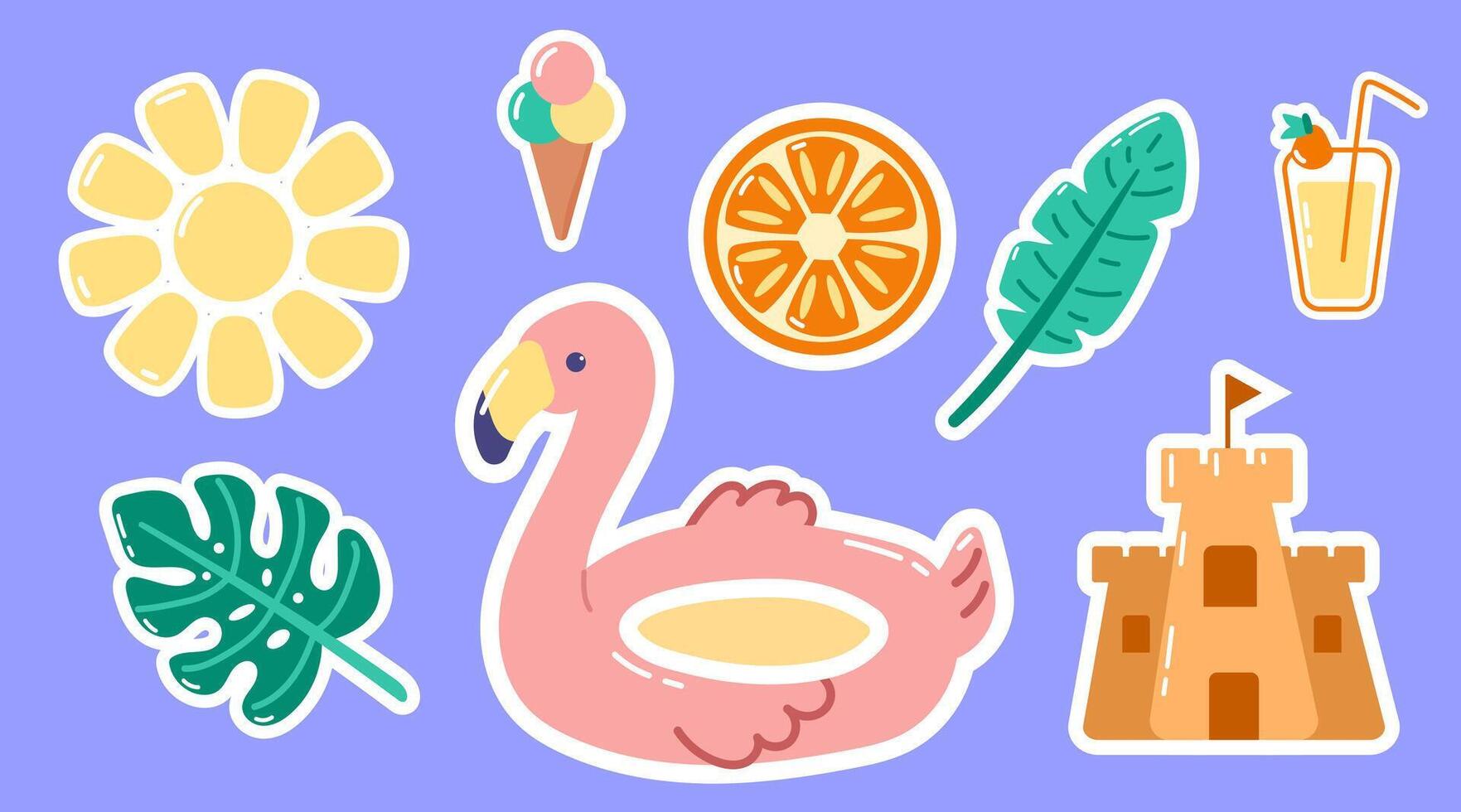 Set of summer stickers on violet background vector