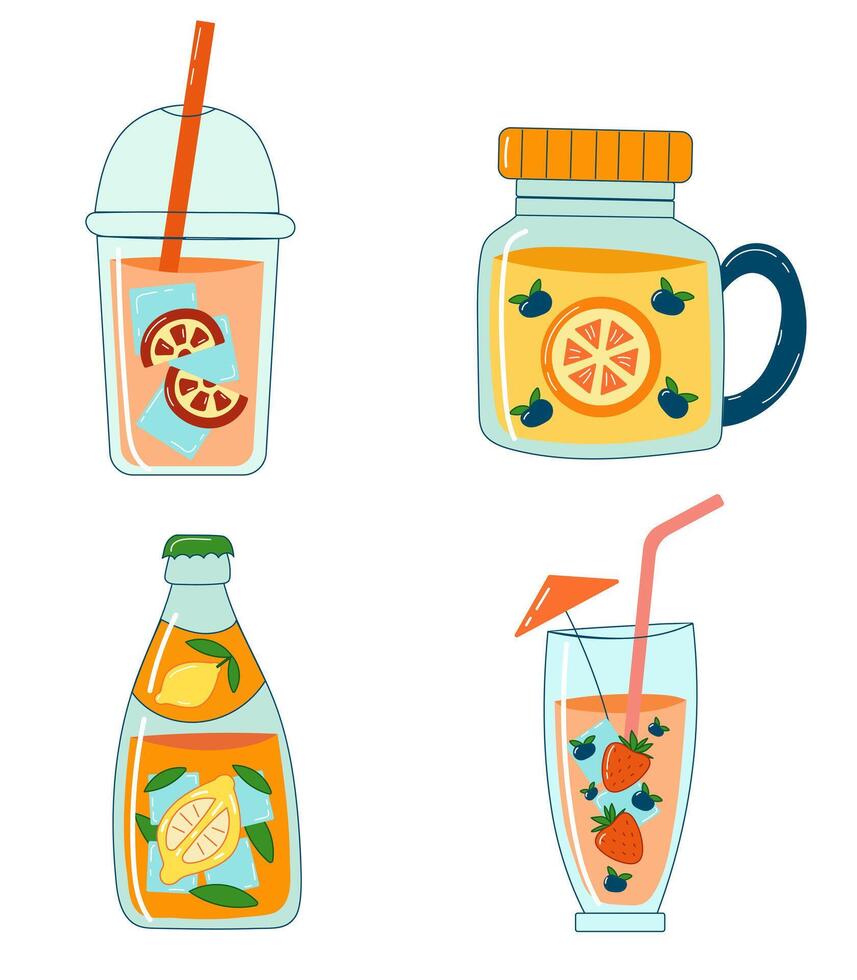 Set of Lemonade Jars and Cocktail Glasses with Summer Citrus and Strawberry, Refreshing Drink Collection for Summer Parties, Beach Events, and Tropical Beverage Designs vector