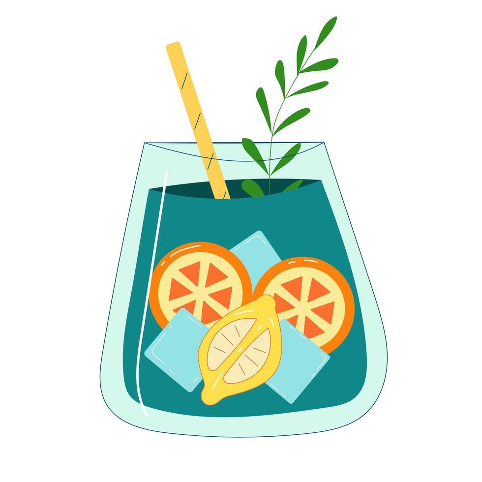 Summer Green Cocktail with Orange, Lemon, Ice Cubes and Straw, Refreshing Drink Illustration for Beverage, Party, and Refreshment Designs vector