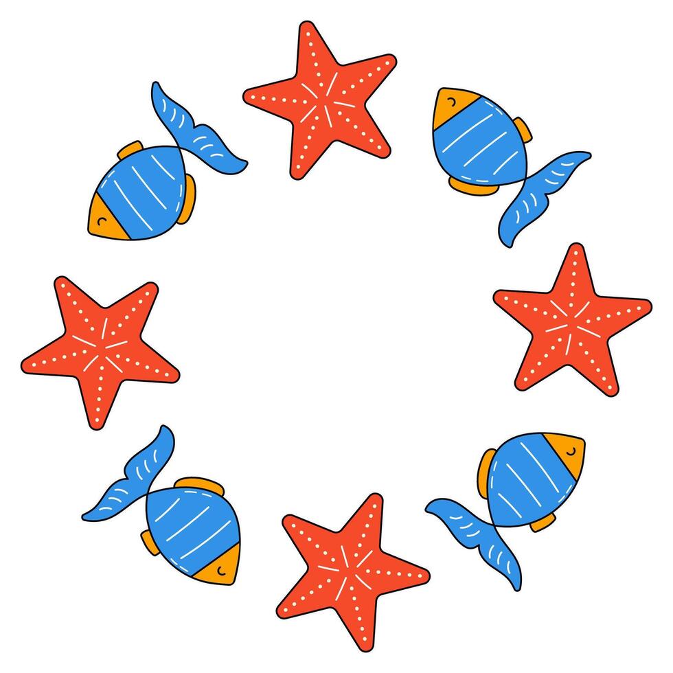 Circle frame made of fish and starfish vector