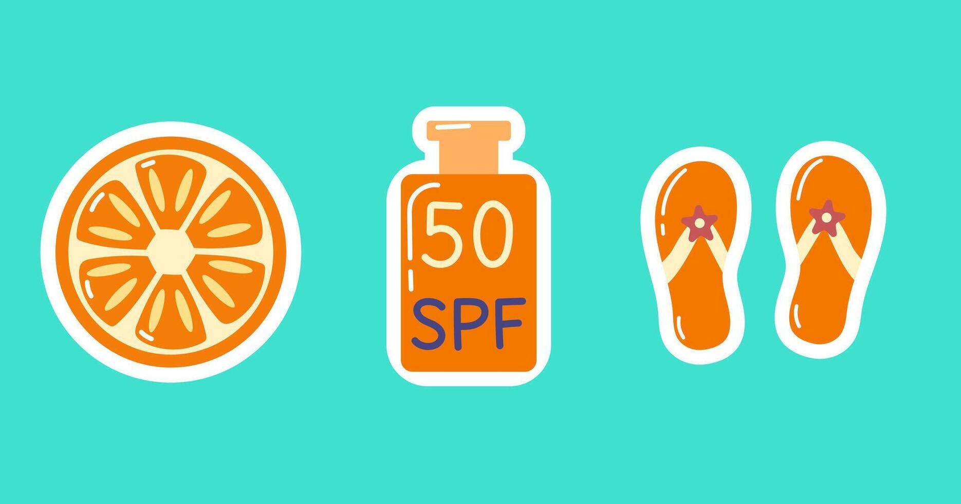 Summer Set of SPF, Flip Flops, and Orange, Vacation Essentials for Beach, Sun Protection, and Tropical Getaway Designs vector