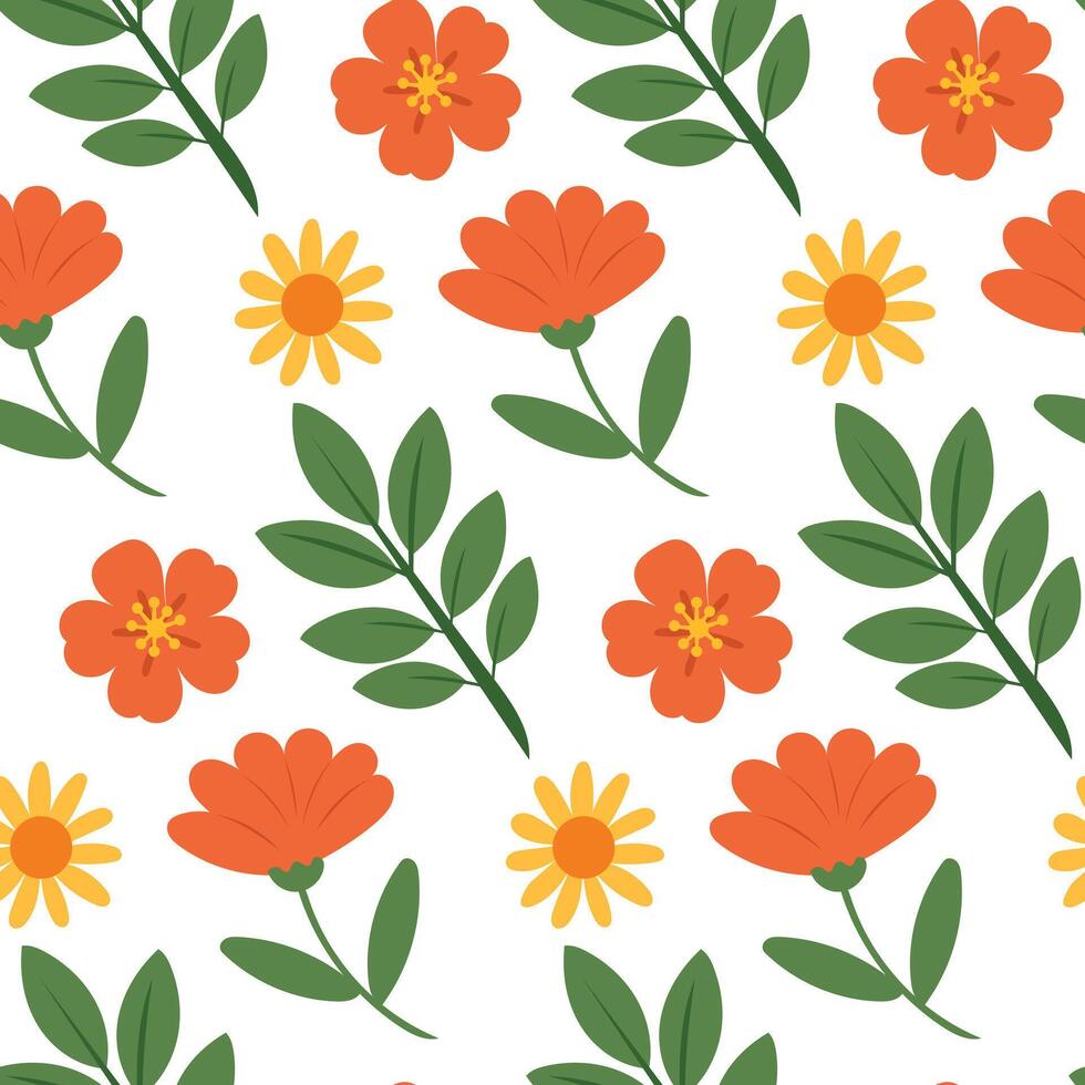 Seamless floral pattern with red flowers and one yellow bloom, summer flower design, flat style, perfect for fabric, textile, wrapping paper, wallpaper, cute floral background vector