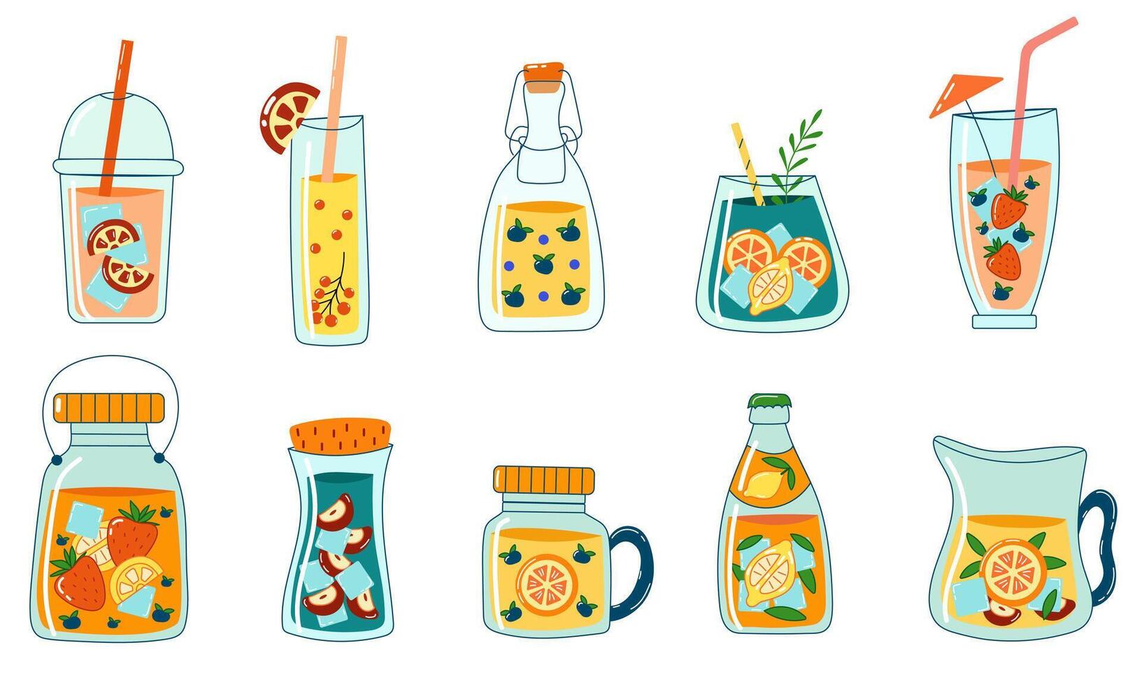 Set of lemonade bottles and coctails with fruits and ice inside. vector