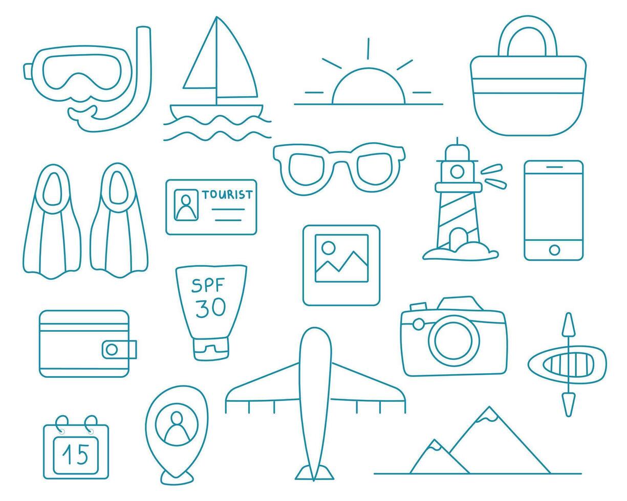 Blue doodle set with travel elements, hand drawn . vector