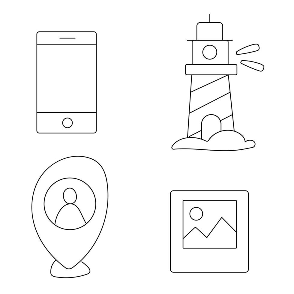 Set of Travel Doodle Icons Including Lighthouse, Map Location, Mobile Phone, Polaroid Photo and Vacation Elements, Hand Drawn Collection for Tourism, Summer Adventures and Trip Planning vector