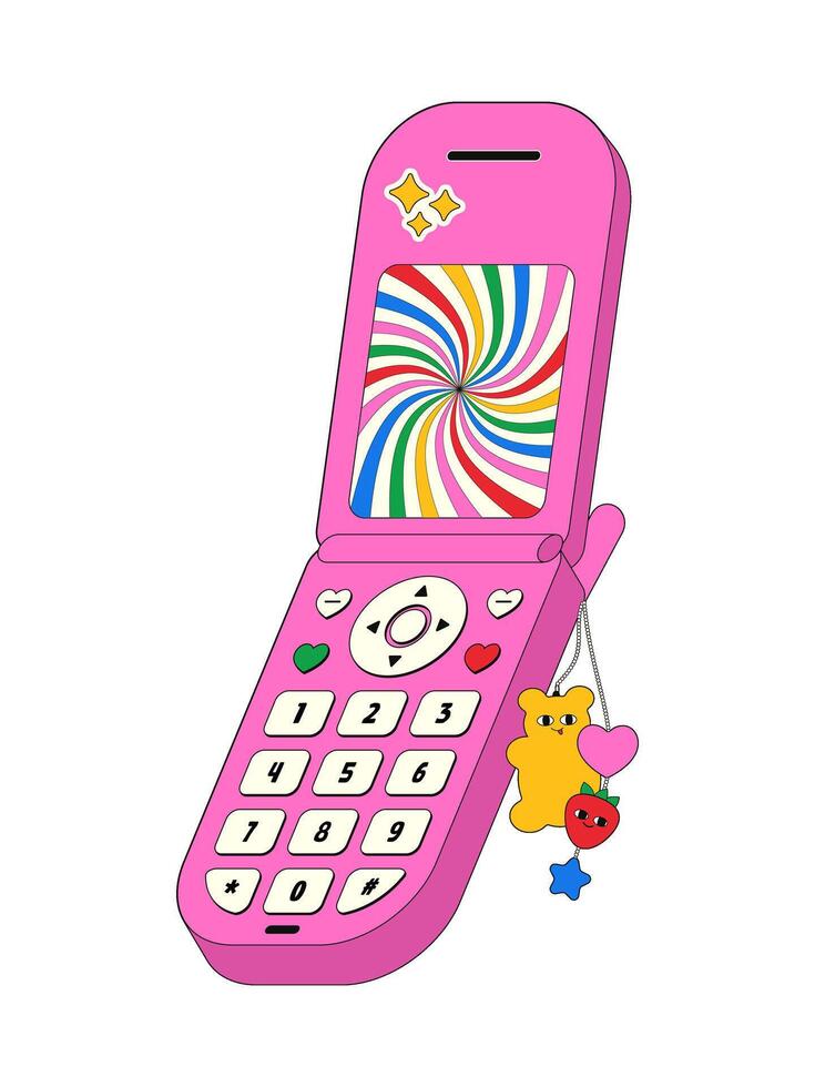 A playful pink flip-up phone captures attention with its charming retro design. Adorned with colorful stickers and whimsical keychains, it brings a touch of nostalgia to any surroundings. vector