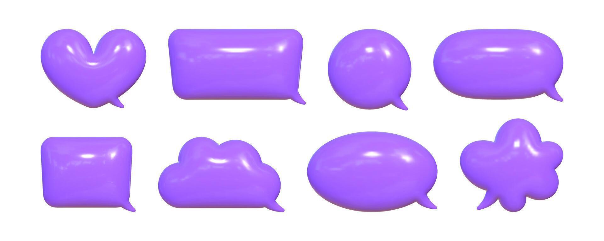 Inflated 3D speech bubbles with a reflective texture in various shapes and sizes create a vibrant display of conversation symbols vector