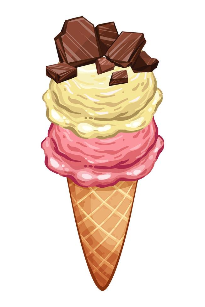 Ice cream cone with three scoop and chocolate filling in cartoon style, yellow and pink balls in waffle isolated on white background, Sweet summer dessert illustration from constructor set for design vector