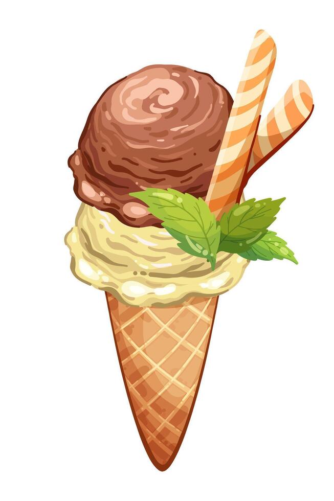Ice cream cone with two balls and toppings in cartoon style, yellow and brown balls in waffle cone with mint leaves isolated, Sweet summer dessert illustration from constructor set for candy design vector