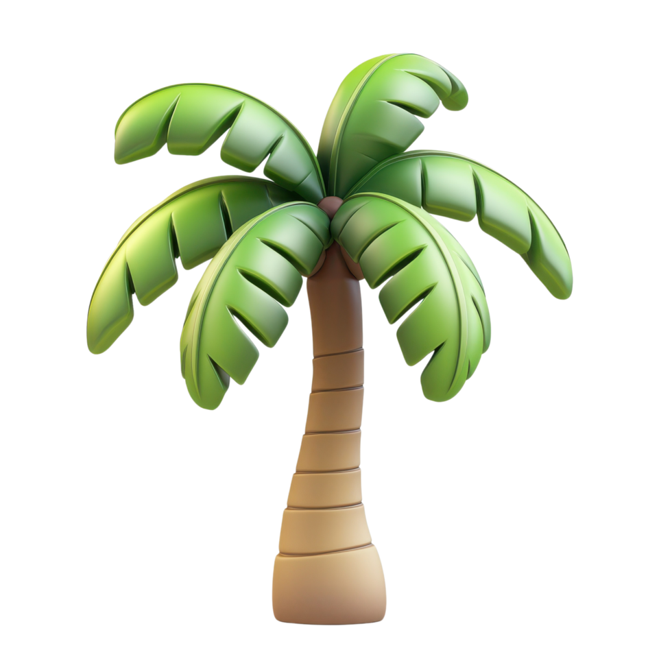 Close-up of cartoon 3D palm tree icon with green leaves and simple trunk Isolated on transparent Background png