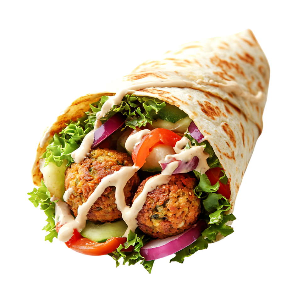 Close-up of a delicious falafel wrap with vegetables and tahini sauce Isolated on transparent Background png