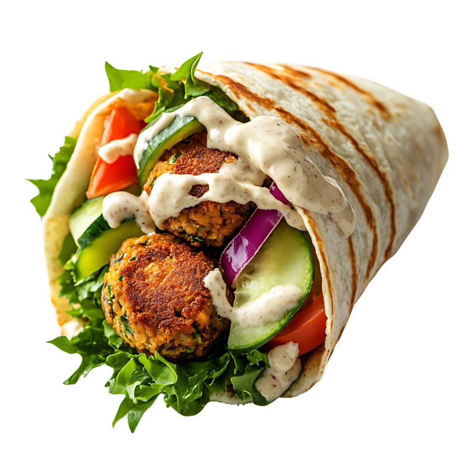 A close-up of a savory falafel wrap with crisp vegetables and tahini sauce, isolated on transparent background. png