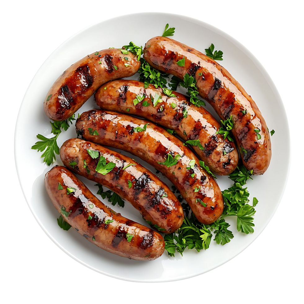 Grilled sausages and fresh parsley placed on a clean white plate, isolated on transparent background png