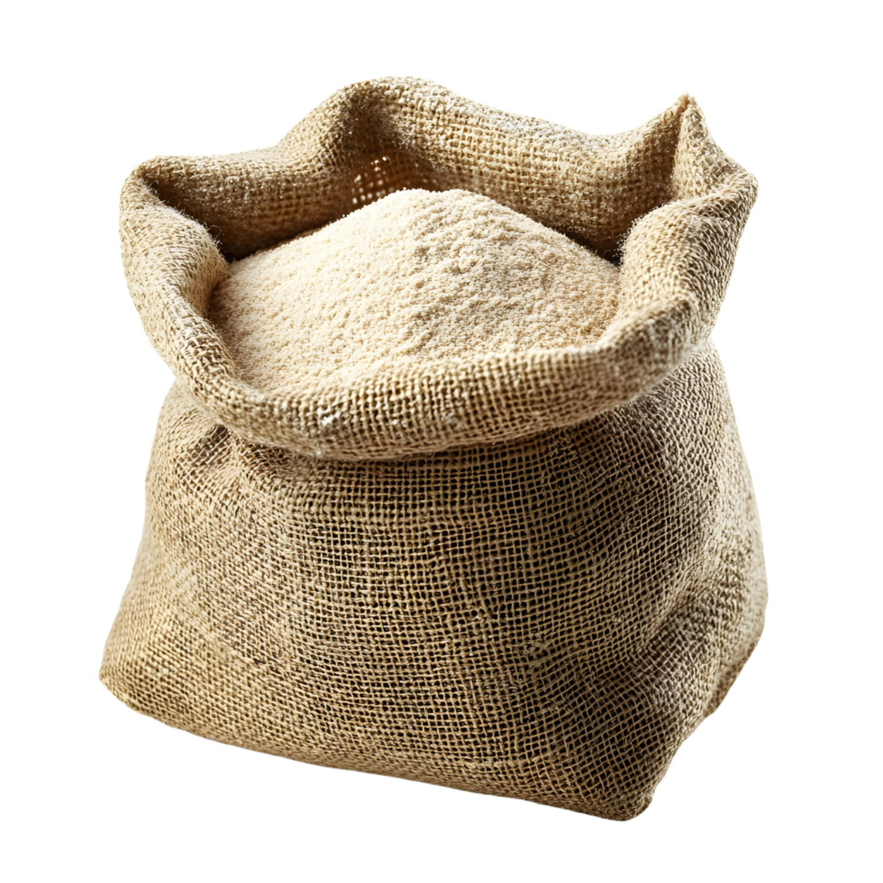 Close-up of a burlap sack with fine wheat flour grains visible and fabric texture Isolated on transparent Background png