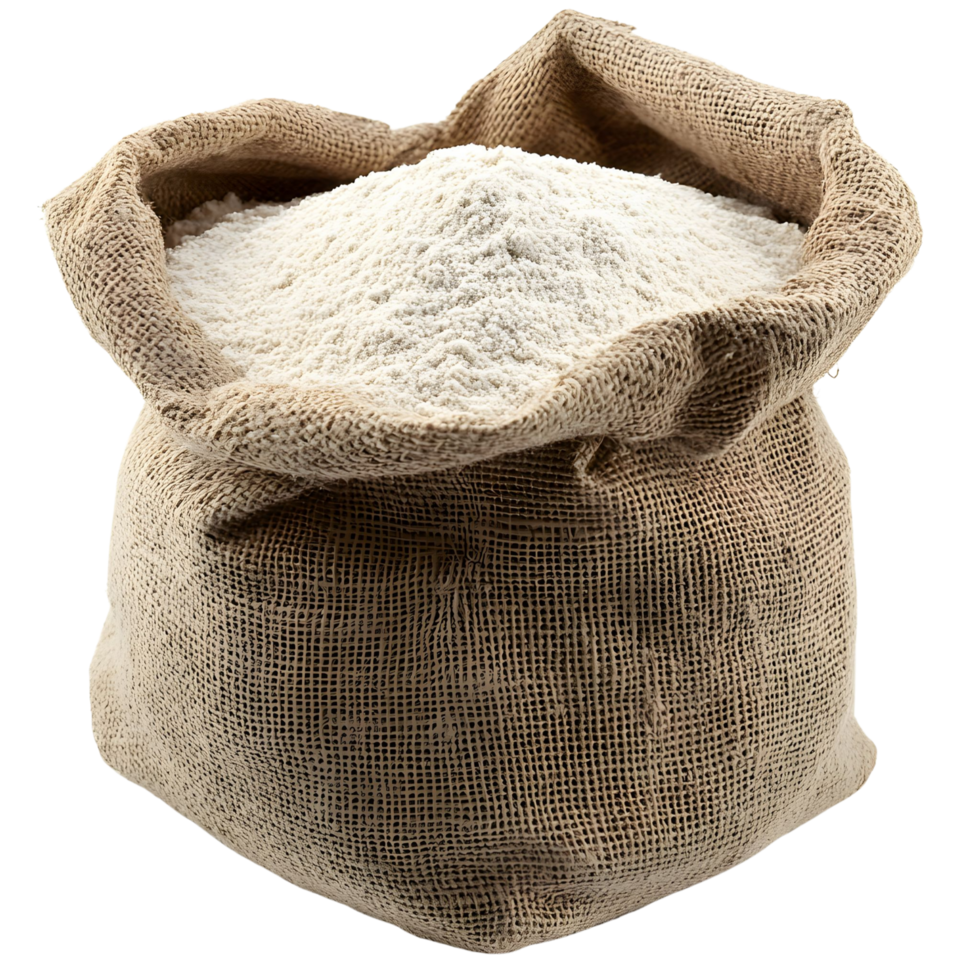 Close-up of a burlap sack filled with wheat flour showing texture and fine grains Isolated on transparent Background png