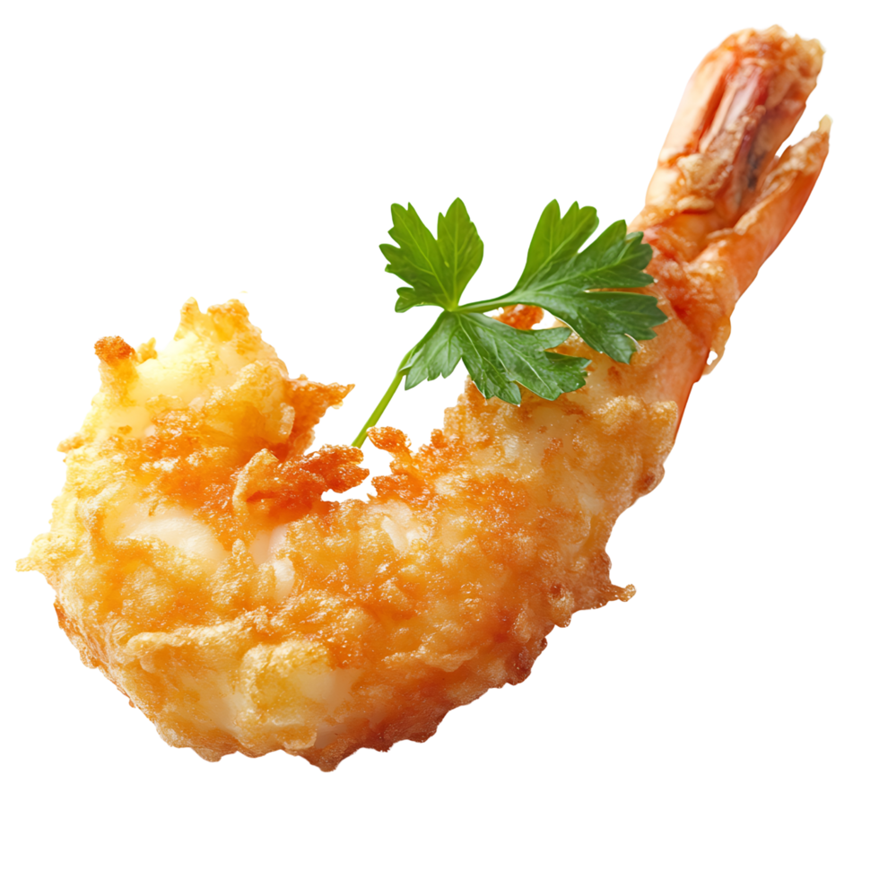Fried prawn in golden crust topped with fresh parsley garnish Isolated on transparent Background png