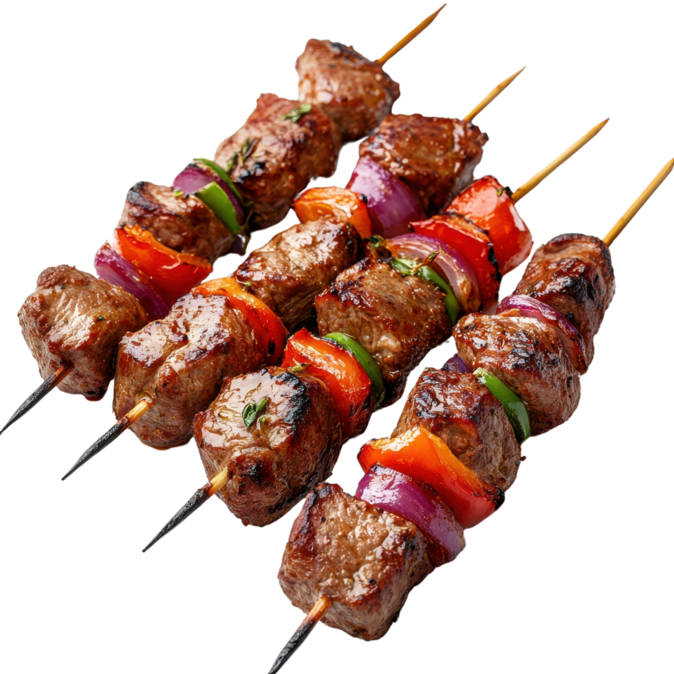 Grilled skewers of marinated meat from Russian cuisine on full display Isolated on transparent Background png