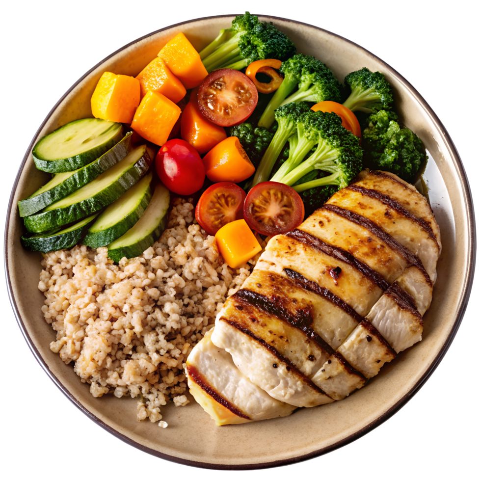 Protein-packed plate with grilled chicken and fresh greens Isolated on transparent Background png