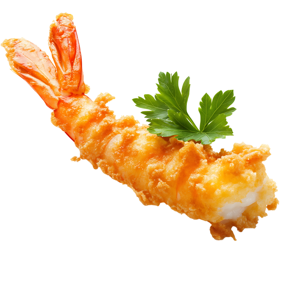 Gourmet battered prawn fried until crispy and topped with fresh parsley Isolated on transparent Background png