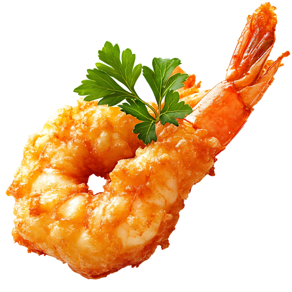 Crispy golden prawn tempura garnished with parsley in gourmet detail Isolated on transparent Background png