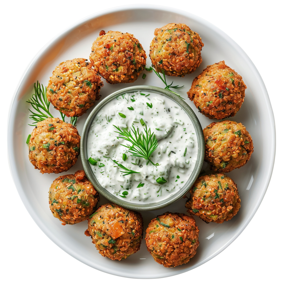 Crispy fried falafel balls served with tzatziki dip in neat arrangement Isolated on transparent Background png