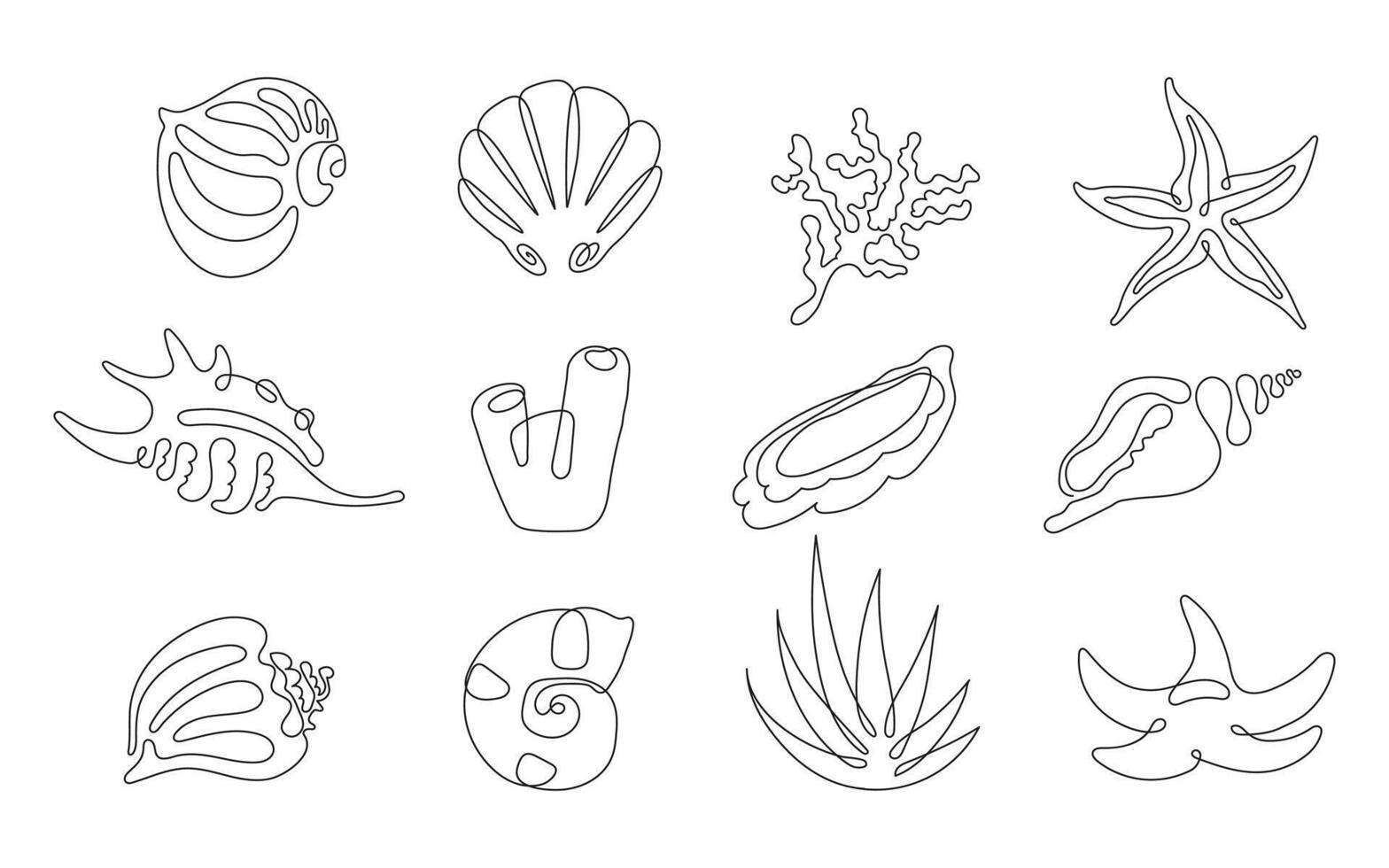 Minimalist one line seashell illustration. Hand-drawn continuous line art of ocean shell, perfect for modern coastal decor, logo design, tattoos, packaging, and beach-themed projects. vector