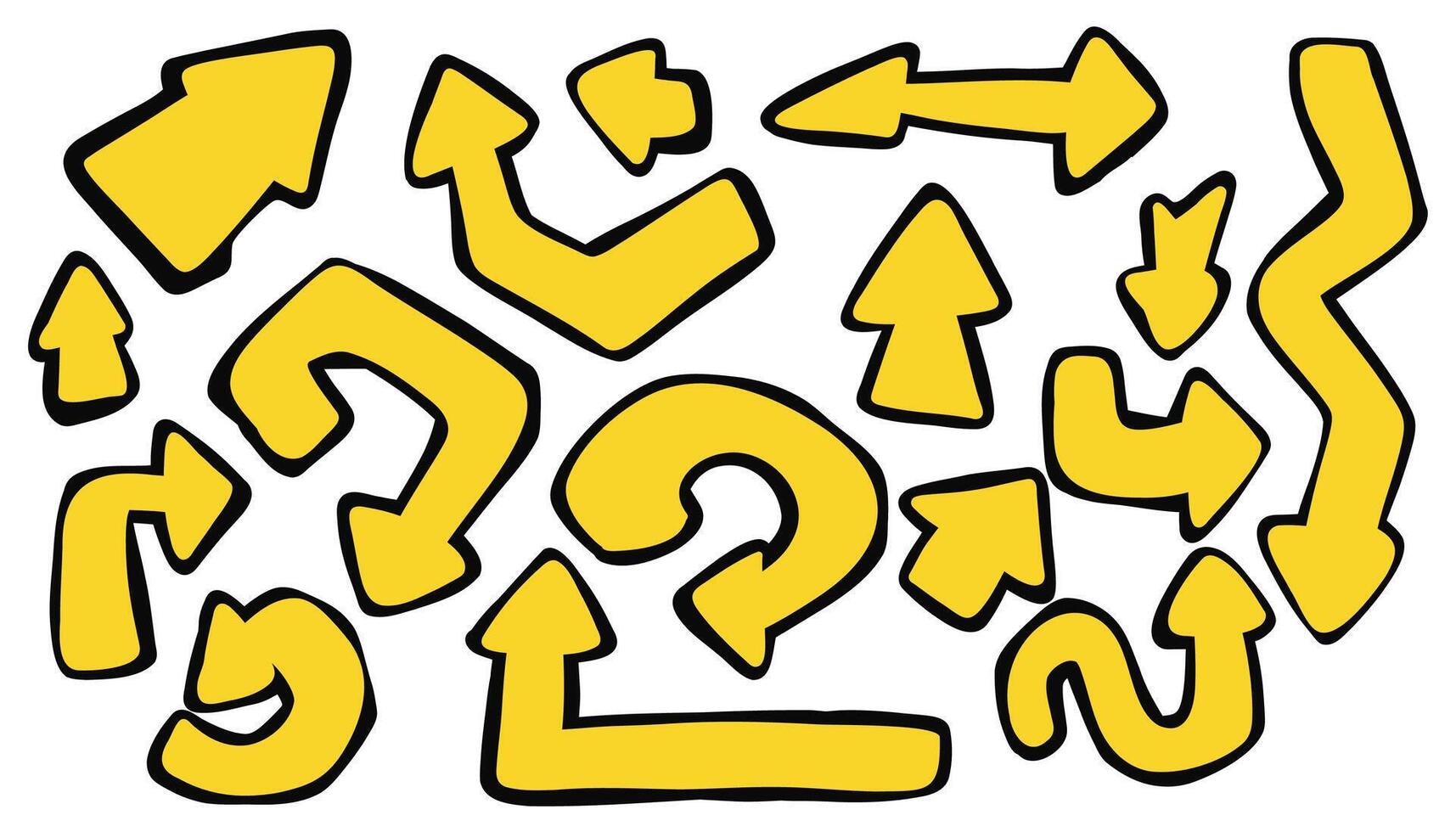 Set of yellow doodle arrows. Hand-drawn sketch-style curved and straight pointers. Fun and playful elements for notes, highlights, infographics, and creative designs. vector