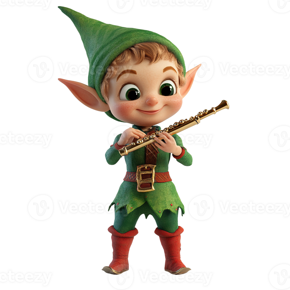 A charming cartoon elf playing a musical wind instrument with delight png