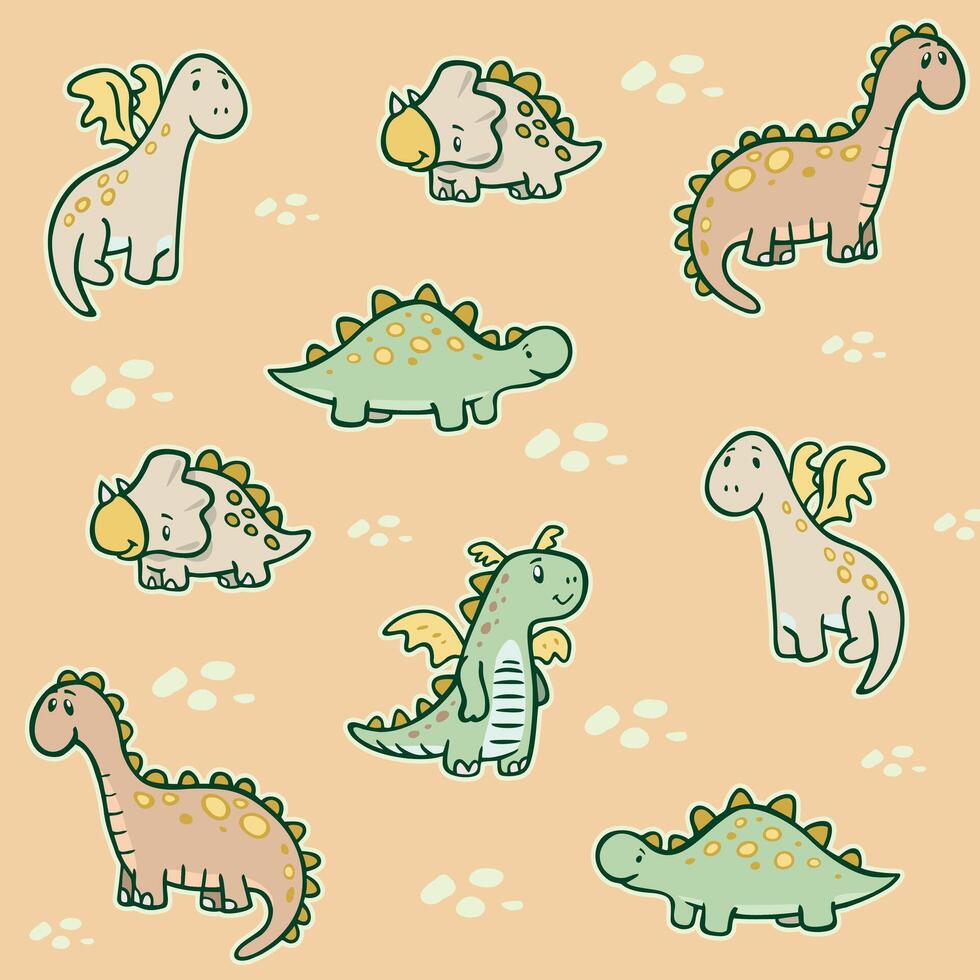 Colorful repeated pattern illustration with dragons and dinosaurs in childish style. vector