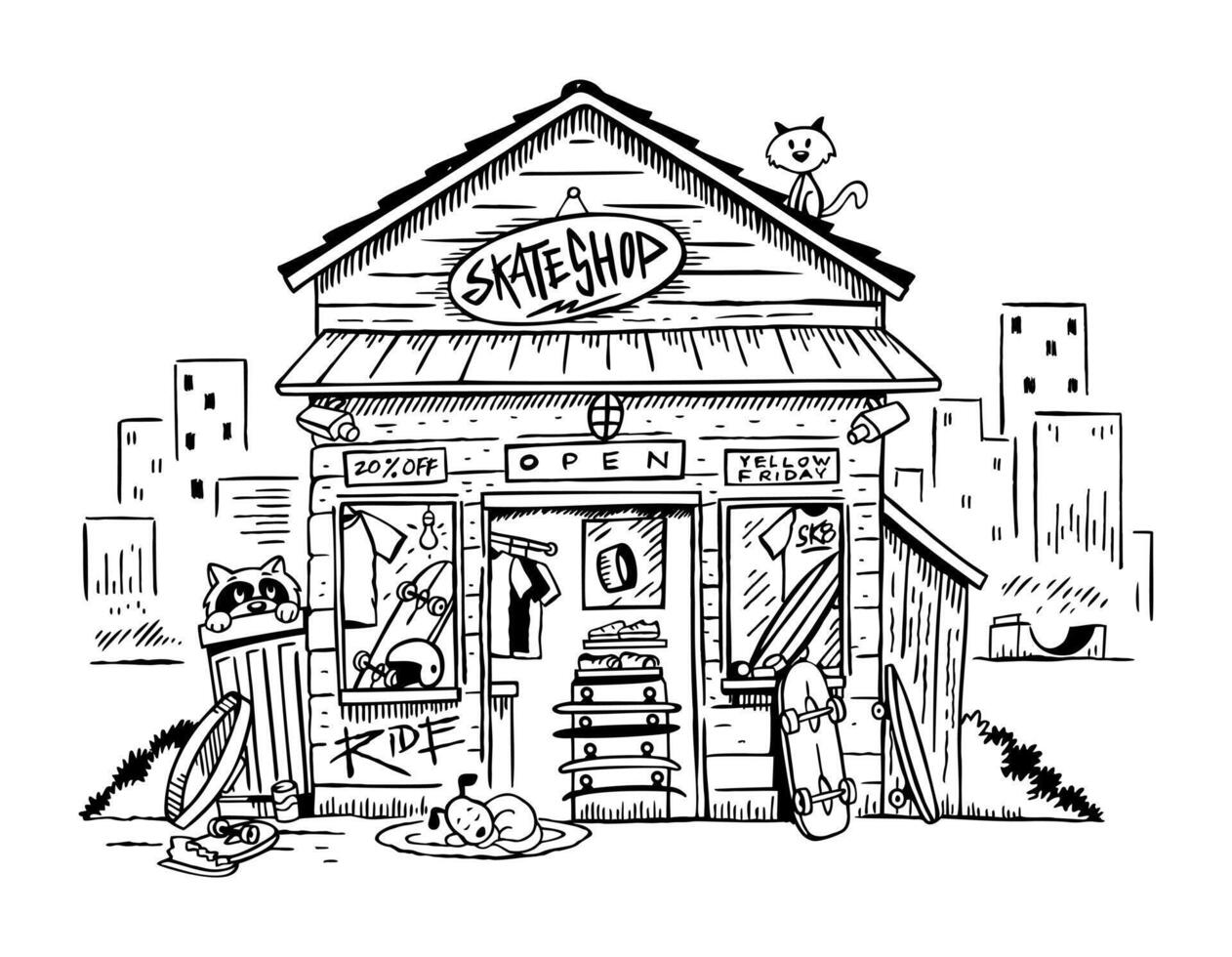 Hand drawn illustration of a skateboard shop in cartoon style. Art in free and simple lines. vector