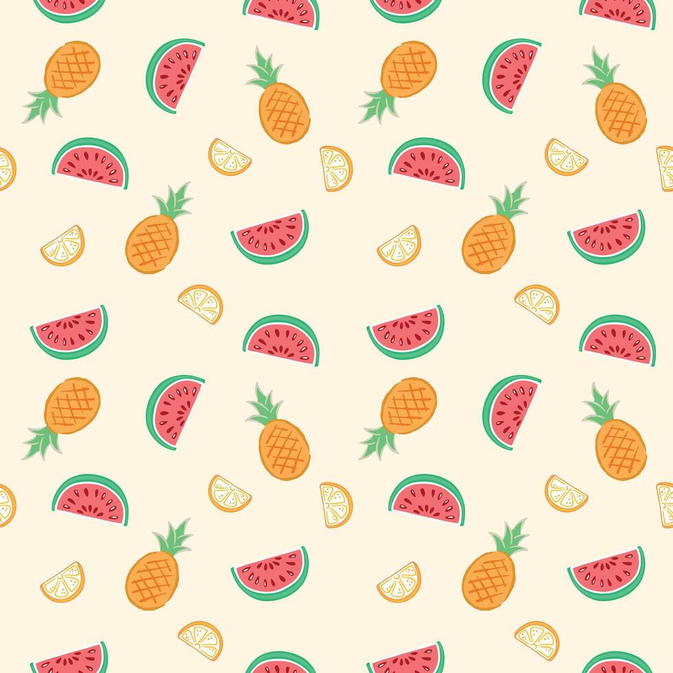 Illustration of a repeated pattern of randomly scattered tropical fruits. Stylized line art. vector