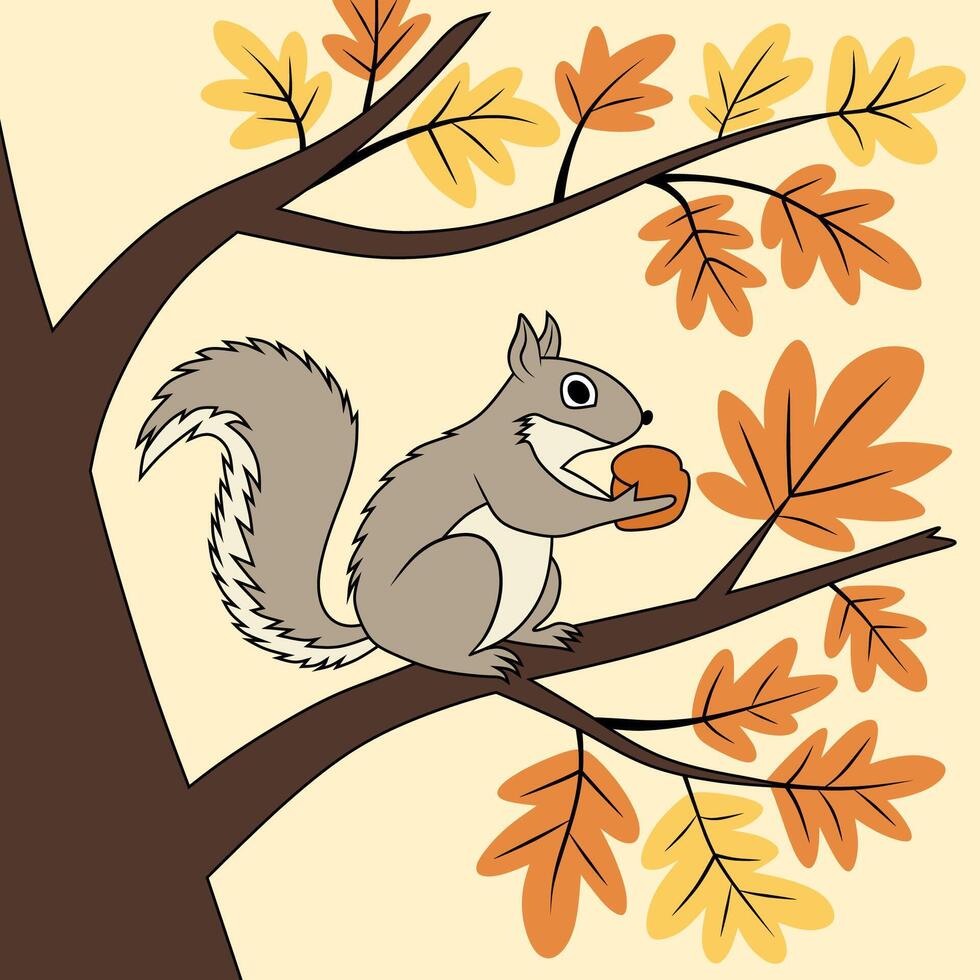 Cute Squirrel on Autumn Tree Branch vector