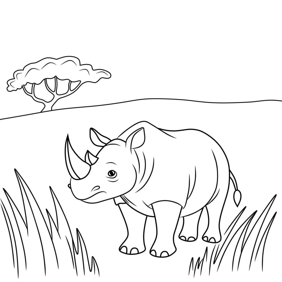Cute Line Art Rhinoceros in the Wild vector