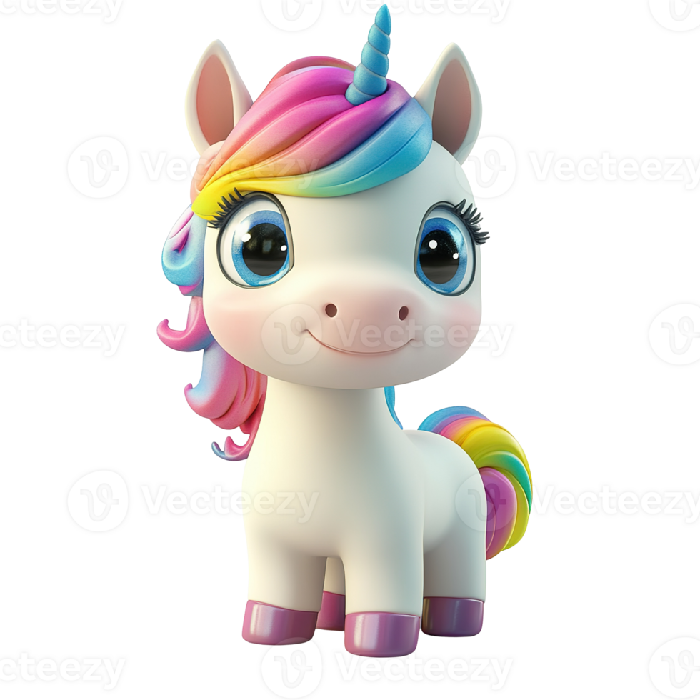 A smiling cartoon unicorn with a rainbow colored mane and tail png