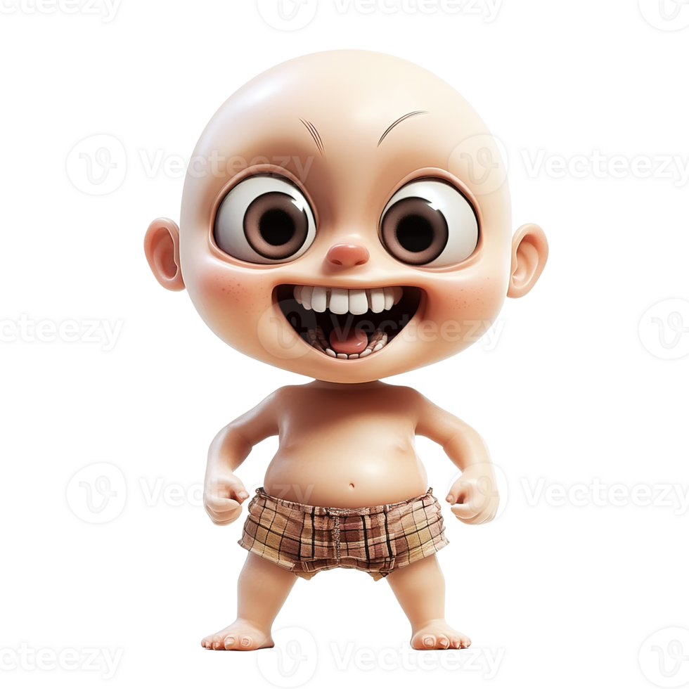 A cartoon infant with a wide smile and small plaid shorts png