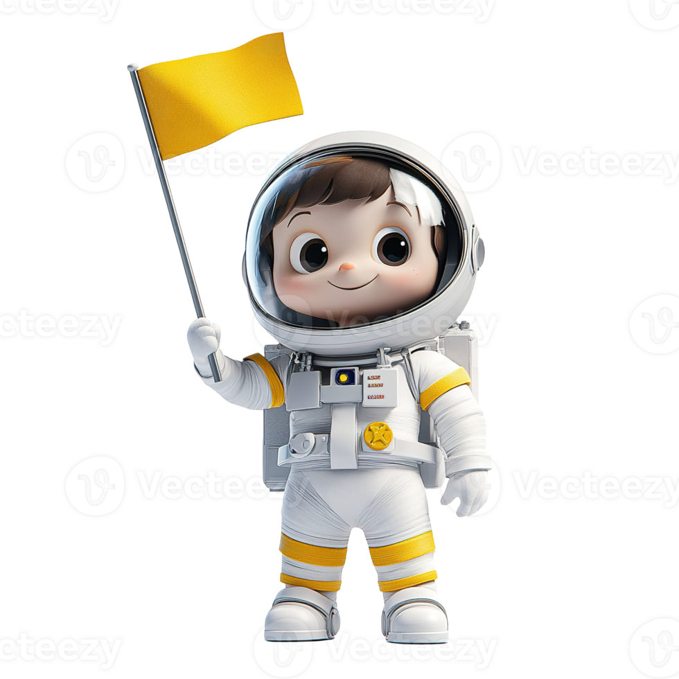 A charming cartoon astronaut child holds a small yellow flag png
