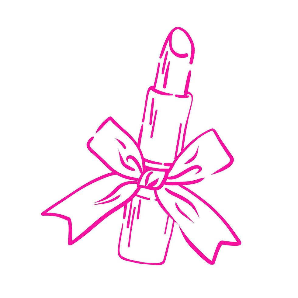 Lipstick decorated pink bow. Coquette bow. Hand drawn girly lipstick. Line illustration cosmetic element on white background. vector