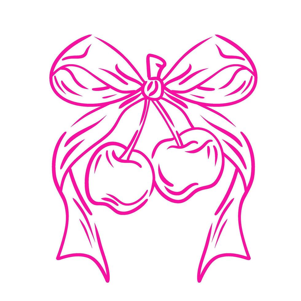 Coquette cherry with bow. Hand drawn line art illustration cherry on white background. Doodle trendy girly berry. Decoration for invitations templates. vector