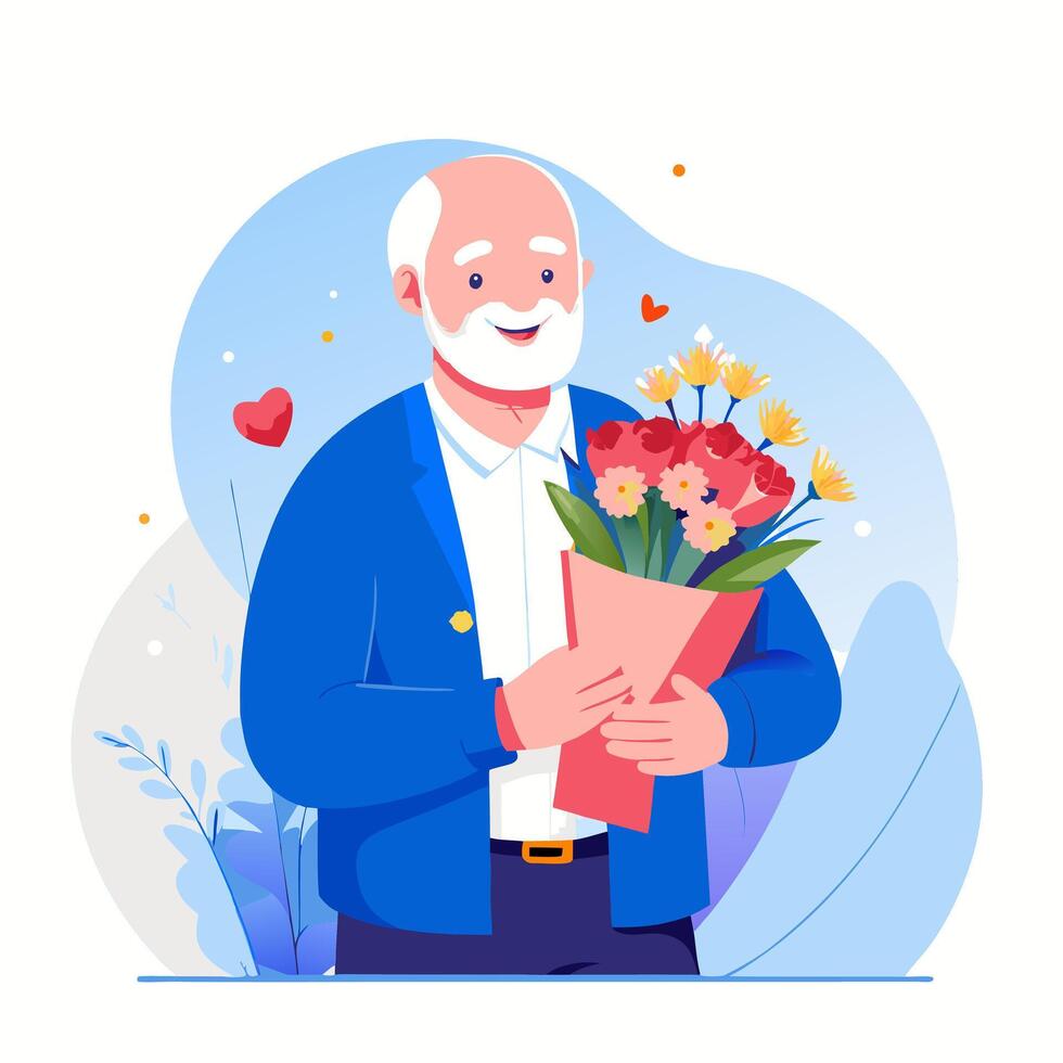Smiling Senior man with a bouquet of flowers image. Cartoon illustration vector