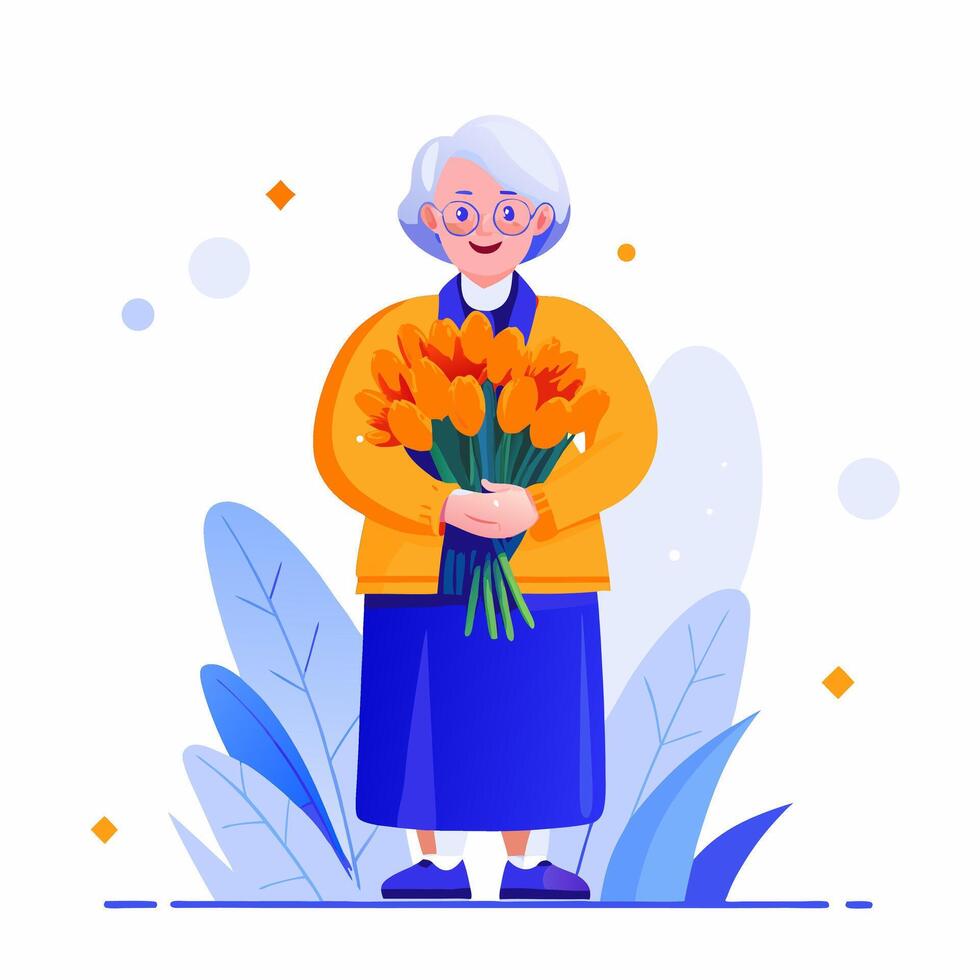 Smiling elderly woman with a bouquet of flowers image. Cartoon illustration vector