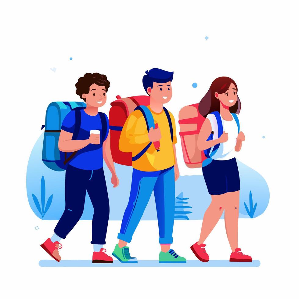 Young people traveling with backpacks. Cartoon style illustration vector